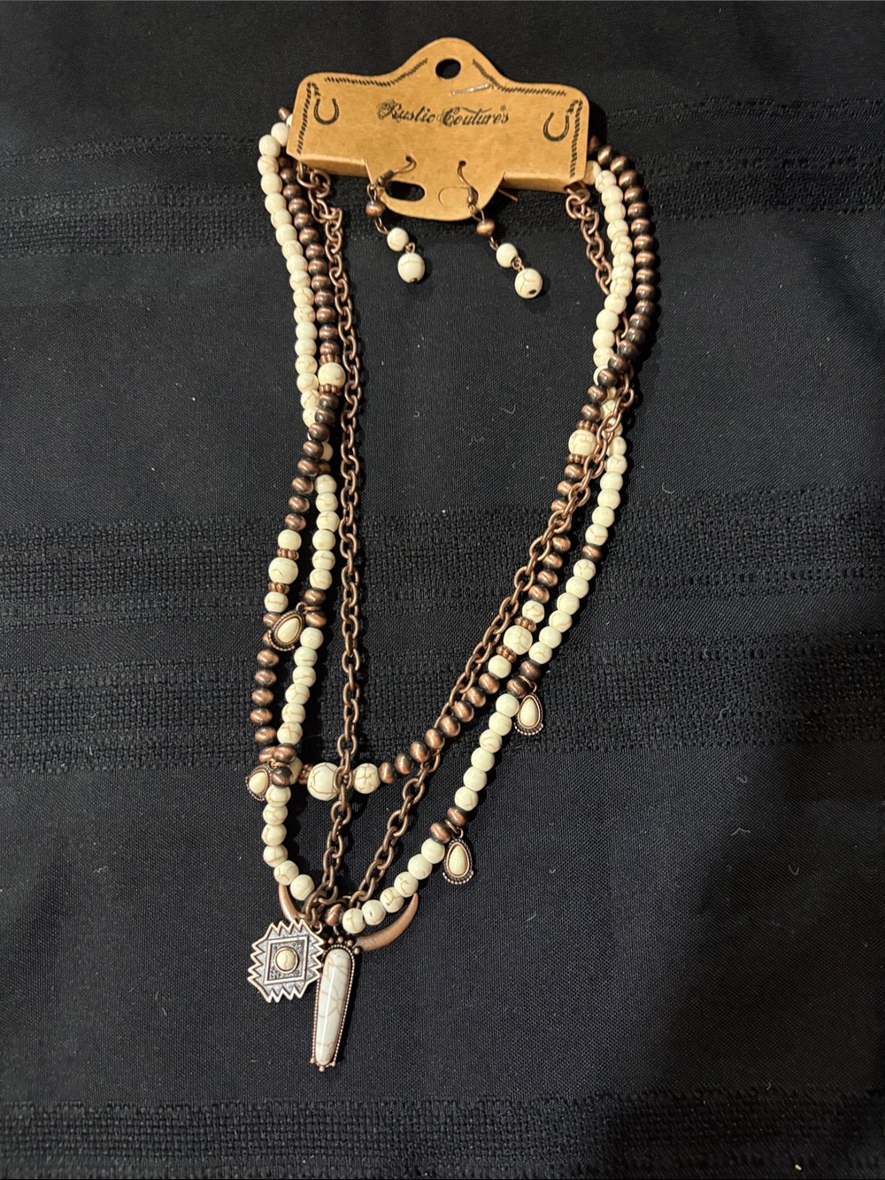 Rustic Couture Multi-Strand White and Bronze Beaded Necklace Set